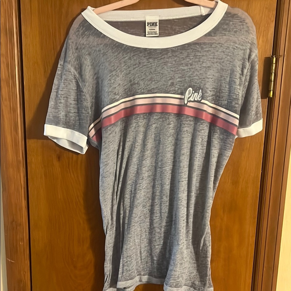 Pink Gray and White Striped T-Shirt